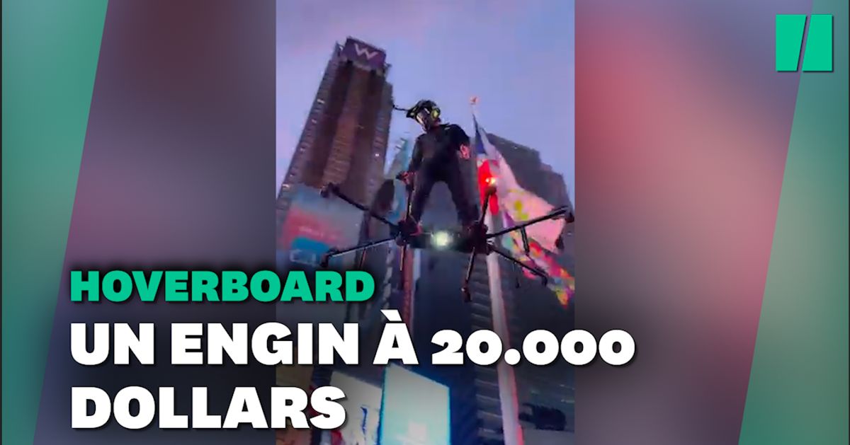 In New York, a man flies on a hoverboard over the city