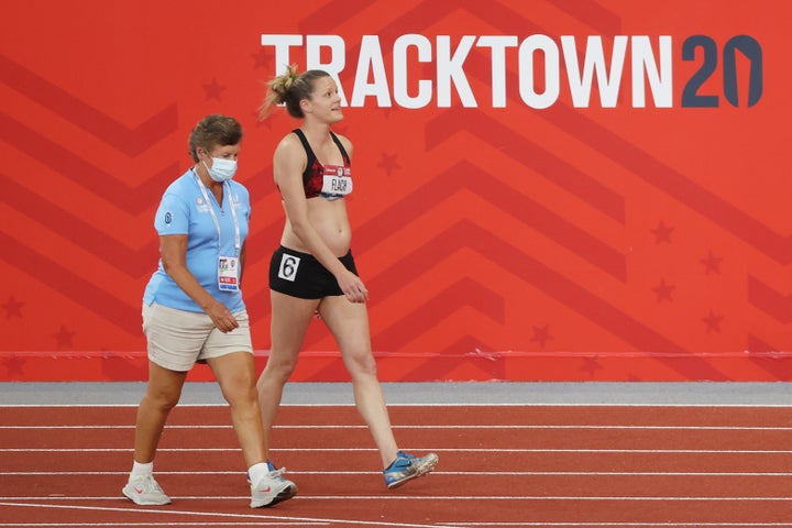 Lindsay Flach walks from the track after dropping out of the Women's Heptathlon 800 Meters during day 10 of the 2020 U.S. Olympic Track & Field Team Trials, June 27, 2021, in Eugene, Oregon.