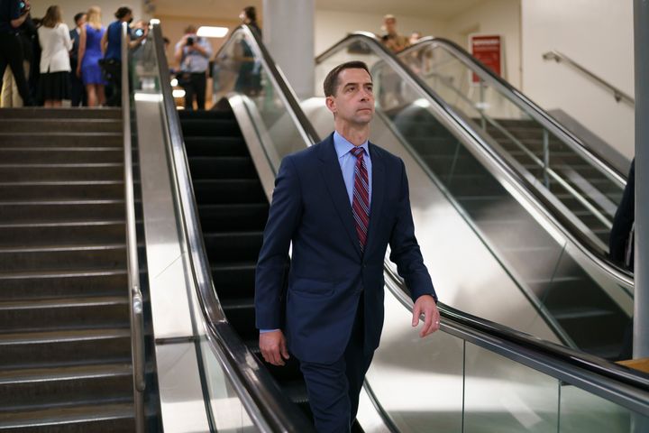 In this May 27, 2021, file photo, Sen. Tom Cotton, R-Ark., takes the escalator as senators go to the chamber for votes ahead 