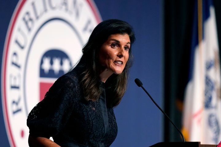 Former Ambassador to the United Nations Nikki Haley speaks during the Iowa Republican Party's Lincoln Dinner, Thursday, June 