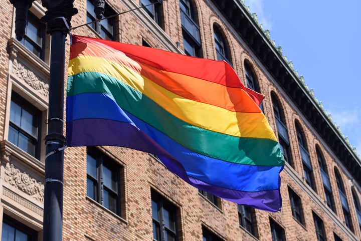 The Pride Flag flies over the San Francisco Gay Pride parade in San Francisco, California.