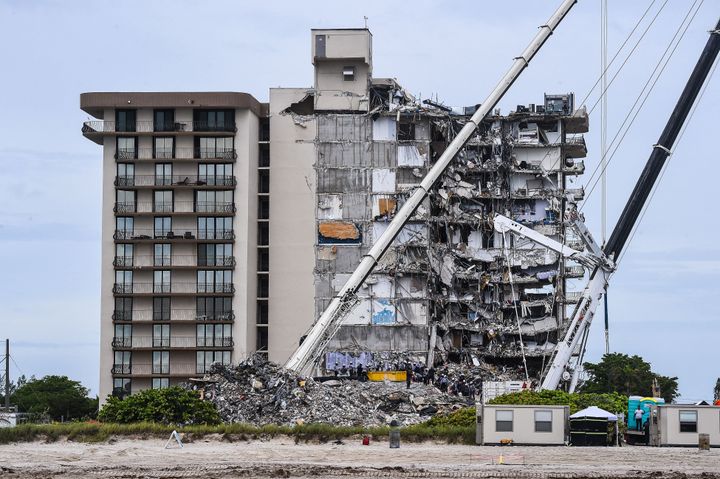 Search and Rescue teams look for possible survivors in the partially collapsed 12-story Champlain Towers South condo building on June 29 in Surfside, Florida.