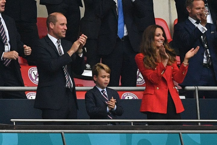 Prince William, Prince George and Kate Middleton celebrate the first goal in the UEFA EURO 2020 round of 16 football match be