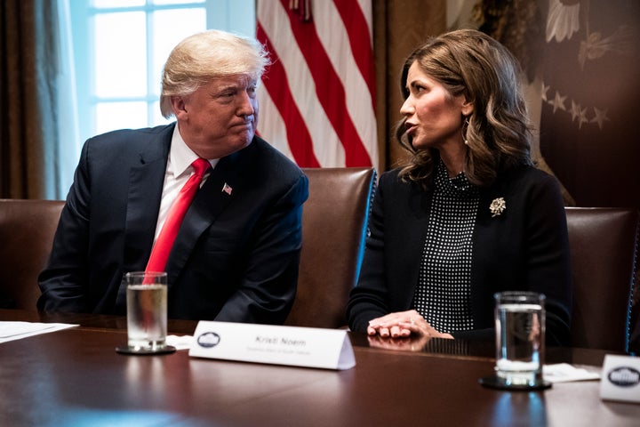 President Donald J. Trump speaks with Kristi Noem of South Dakota during a meeting with governors-elect on Dec. 13, 2018, at the White House. Noem appears willing to use her state's National Guard to polish her right-wing credentials.