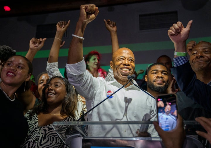 New York City mayoral candidate Eric Adams speaks during his primary election night party on June 22 in Brooklyn, New York.