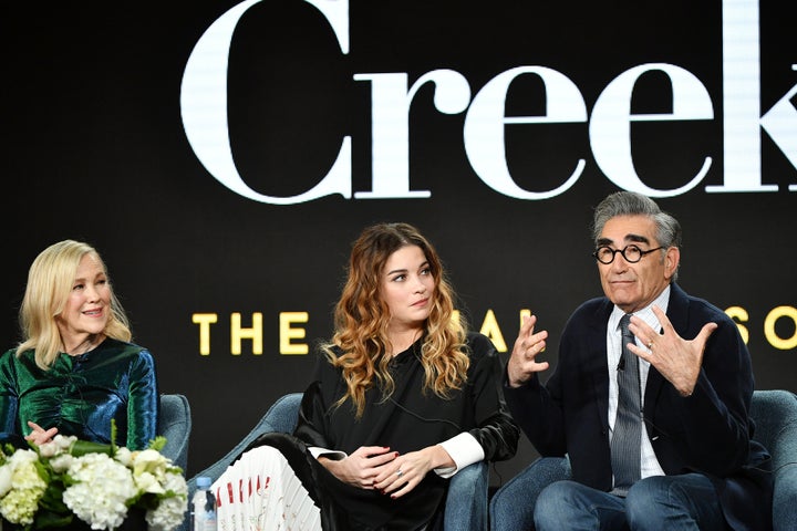 Catherine O'Hara, Annie Murphy and Eugene Levy of "Schitt's Creek" during the Pop TV segment of the 2020 Winter TCA Press Tour.