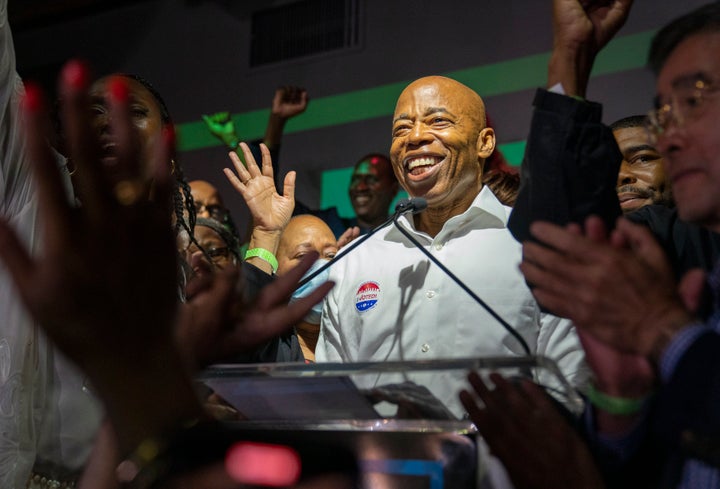 Brooklyn Borough President Eric Adams addresses supporters on election night. Preliminary ranked-choice voting results show him retaining his lead, albeit a narrower one.