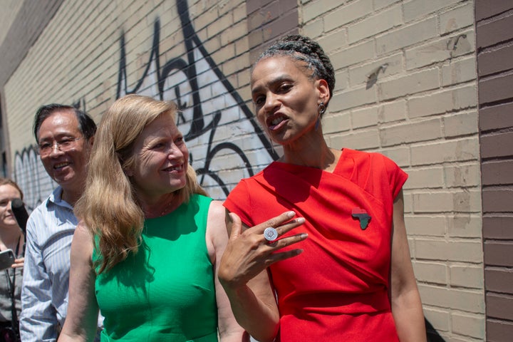 NYC mayoral candidates Kathryn Garcia and Maya Wiley speak at the unveiling of a mural in Chinatown on June 20. Preliminary results show the pair in a neck-and-neck race with Adams.
