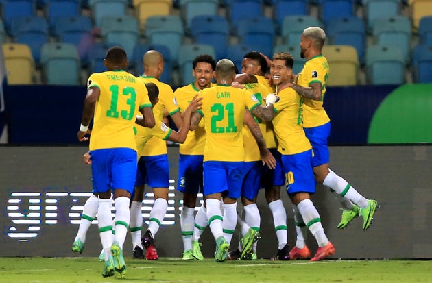 La sélection brésilienne face à l'Équateur durant la Copa America le 27 juin 2021 au Brésil. 