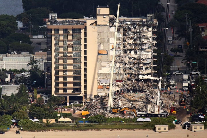 An aerial view shows the partially collapsed residential building near Miami Beach, Florida.