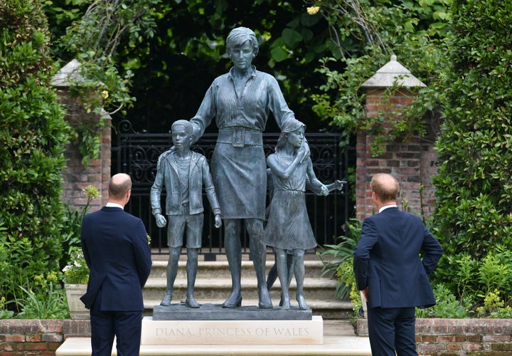 Prince William and Prince Harry after they unveiled a statue they commissioned of their mother Diana, Princess of Wales, in the Sunken Garden at Kensington Palace, on what would have been her 60th birthday on July 1.