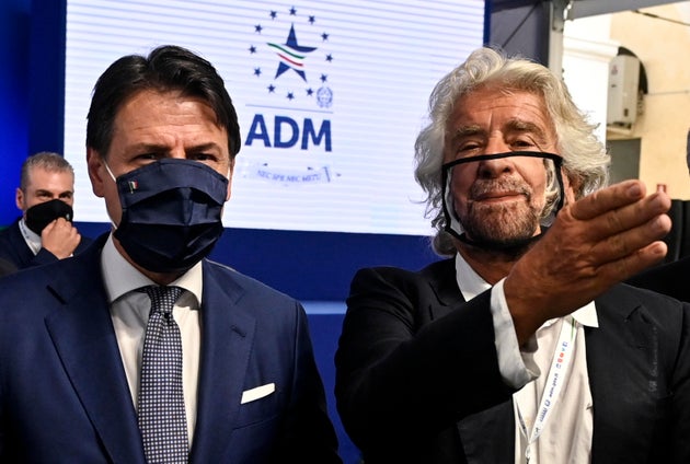 Prime minister Giuseppe Conte (L) with Beppe Grillo (R) during the presentation of the 2019 Blue Book at the Customs and Monopolies Agency, Rome, Italy, 11 September 2020. ANSA/RICCARDO ANTIMIANI