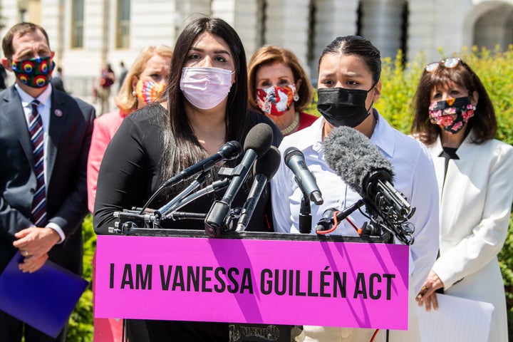 The sisters of Vanessa Guillen speak during a May 13 news conference outside the U.S. Capitol to reintroduce the I Am Vanessa Guillen Act, which allows military victims of sexual harassment and assault to report incidents outside the chain of command. Army Spc. Vanessa Guillen, 20, had reported harassment prior to her murder.