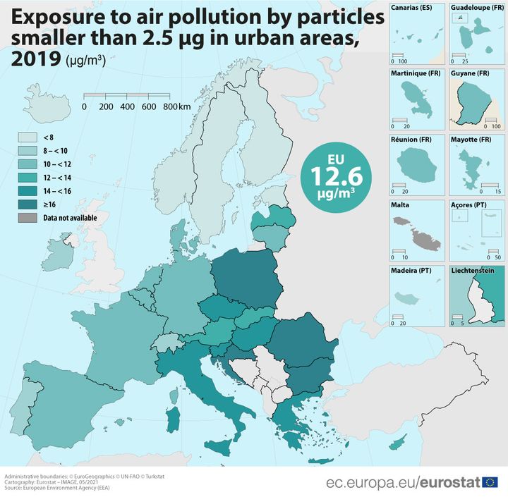 Μεταξύ των κρατών μελών της ΕΕ, η μέση ετήσια συγκέντρωση λεπτών σωματιδίων είναι η υψηλότερη στις αστικές περιοχές της Βουλγαρίας και της Πολωνίας, της Ρουμανίας και της Κροατίας.