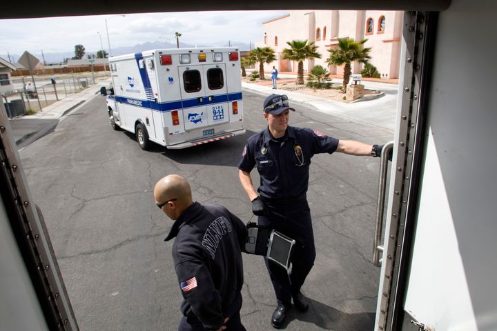 Paramedics close up a rescue unit in Las Vegas.