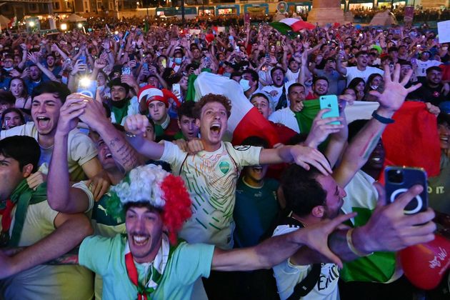 Italy's fans celebrate at the end of the broadcast of the UEFA EURO 2020 quarter-final football match...