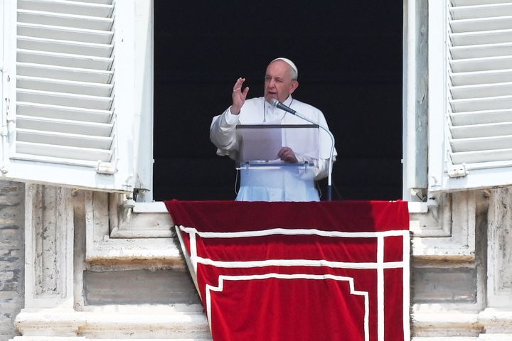 Pope Francis delivers the Sunday Angelus prayer from the window of his study overlooking St.Peter's Square at the Vatican on July 4, 2021. (Photo by Andreas SOLARO / AFP) (Photo by ANDREAS SOLARO/AFP via Getty Images)