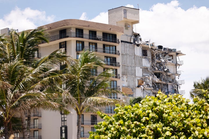 SURFSIDE, FLORIDA - JULY 03: A general view of the partially collapsed 12-story Champlain Towers South condo building on July