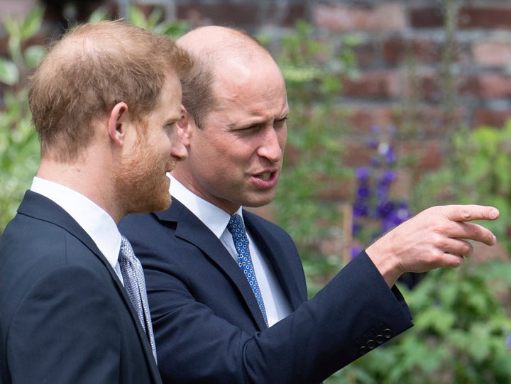 Britain's Prince William and Prince Harry appear together for the unveiling of a statue they commissioned of their mother Princess Diana on what would have been her 60th birthday outside Kensington Palace in London.