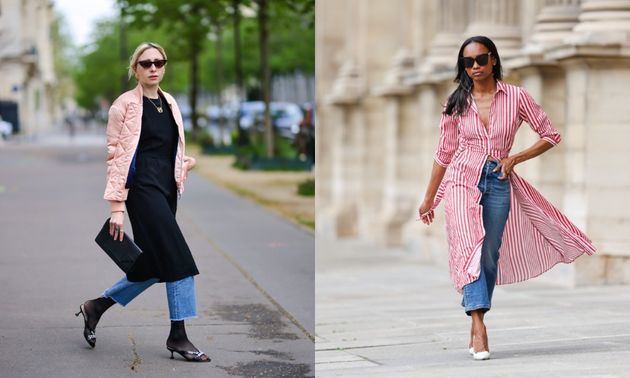 The dress-over-jeans look is reappearing in 2021 street style.