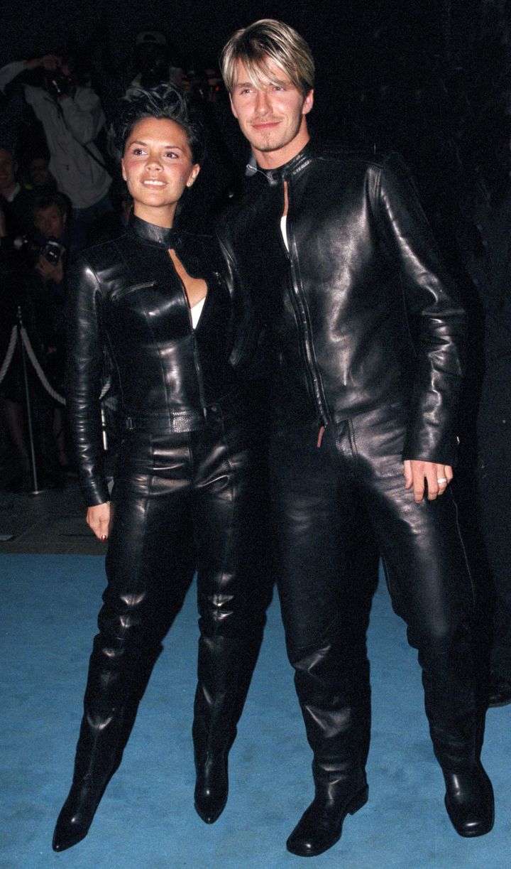 David and Victoria Beckham attend the "Versace Club" gala party in London on June 11, 1999.