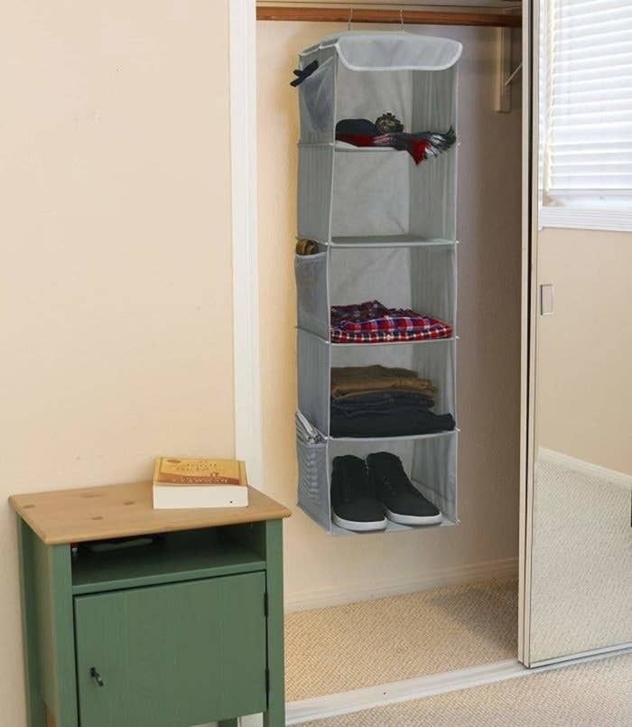 A five-shelf hanging closet organizer
