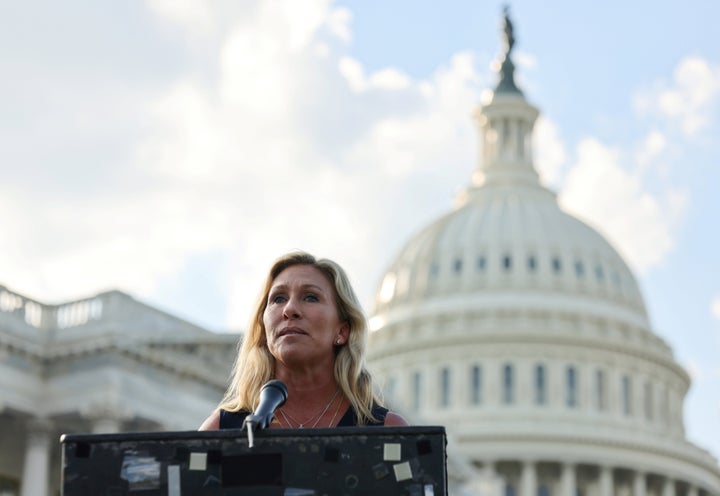 Rep. Marjorie Taylor Greene (R-Ga.) holds a press conference outside the U.S. Capitol following a private visit to the Holocaust Museum on June 14.