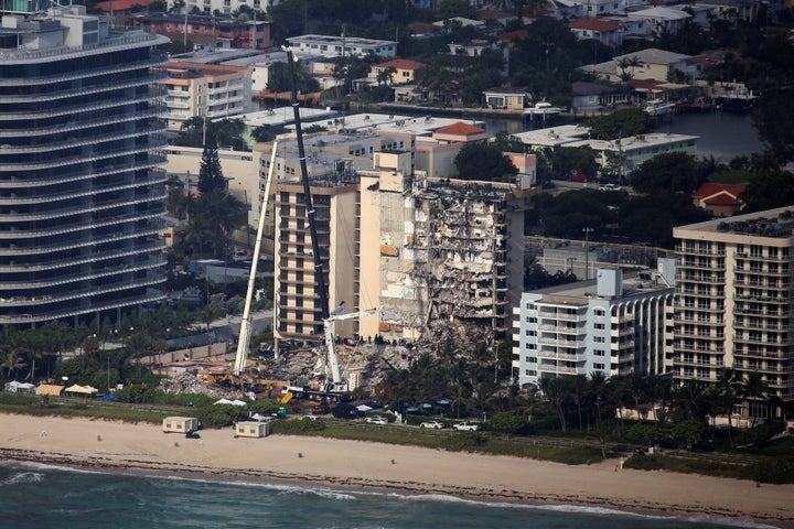 An aerial view shows the partially collapsed residential building in Surfside. No one has been rescued from the site sin