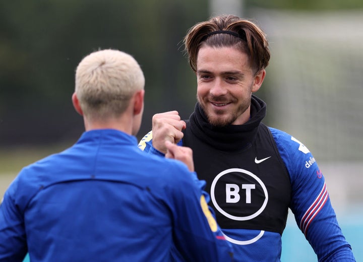 Jack Grealish and Phil Foden of England during an England training session.