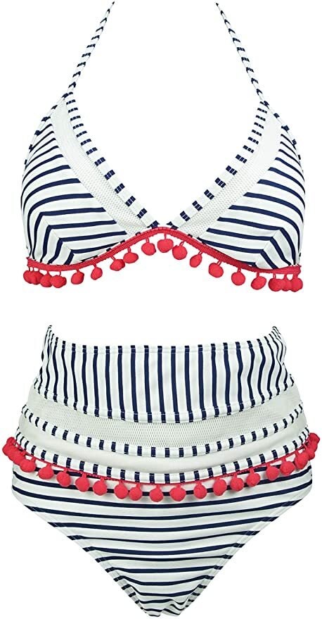 A high-waisted and tasseled two-piece bathing suit