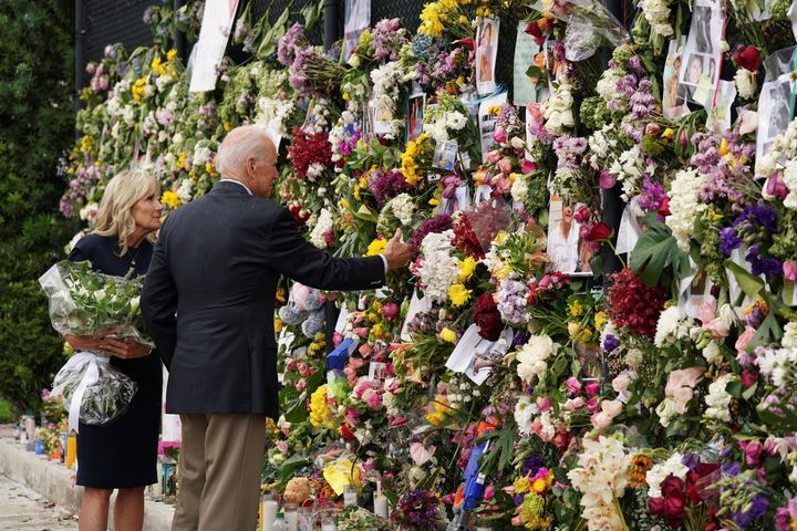 President Joe Biden and first lady Jill Biden visit a memorial for the victims of the building collapse in Surfside, Florida, on July 1.