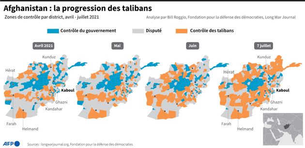 Cartes montrant l'évolution des zones de contrôle du territoire afghan par le gouvernement ou les talibans, d'avril à juillet 2021