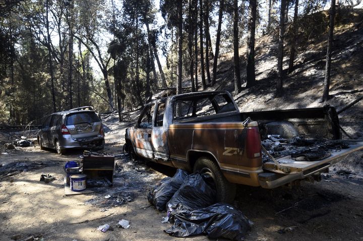 CALIFORNIA, USA - JULY 4: Cars were burned as Salt Fire started on June 30, 2021 and quickly grew in size and forced the evacuation of residents on Shasta Lake near Salt Creek in California, United States on July 4, 2021. Fire has been burning since June 24, 2021 and has burned 24,752 acres and is 39% contained as of July 4, 2021. (Photo by Neal Waters/Anadolu Agency via Getty Images)