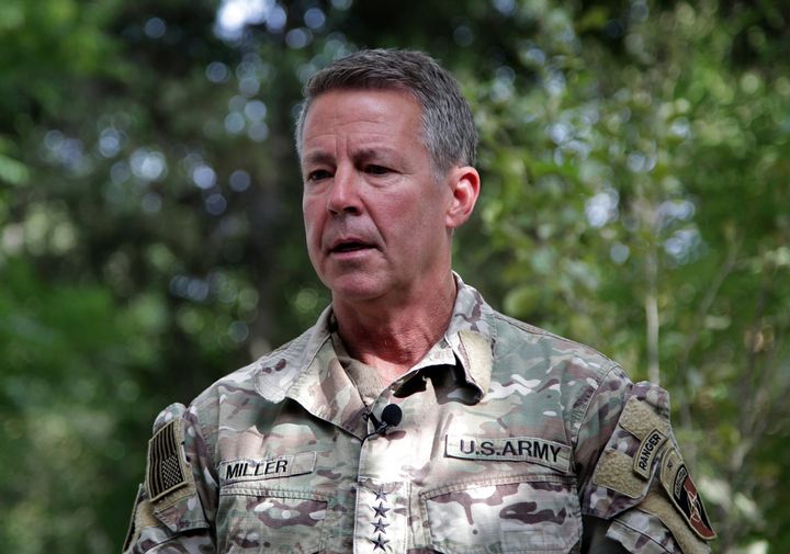 In this June 29, 2021 file photo, U.S. Army Gen. Scott Miller speaks to journalists at the Resolute Support headquarters, in 