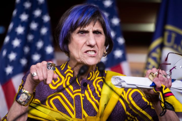 Rep. Rosa DeLauro speaks during a news conference on child care relief bills in the Capitol Visitor Center in July 2020.