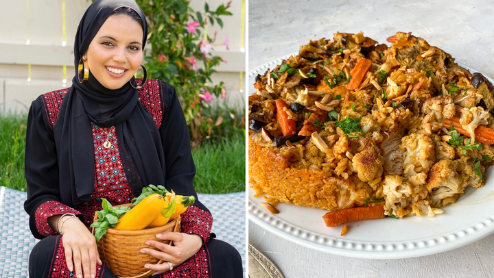 Heifa and her version of makloubeh, an aromatic rice dish that's plated upside down.