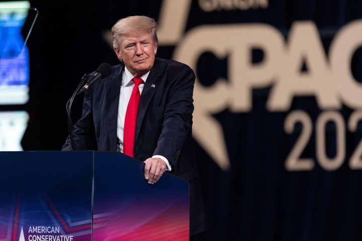 President Donald Trump speaks Sunday at the Conservative Political Action Conference in Dallas. He again said that the 2020 election had been "rigged" against him.