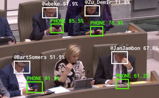 The Flemish Scrollers installation automatically tags Belgian politicians when they use their phone in Parliament.