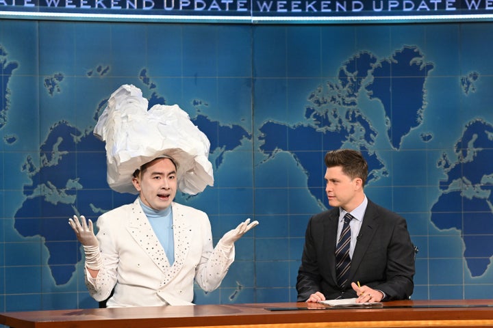 Bowen Yang (left) as "The Iceberg That Sank The Titanic" and Colin Jost on "Saturday Night Live" in April. 