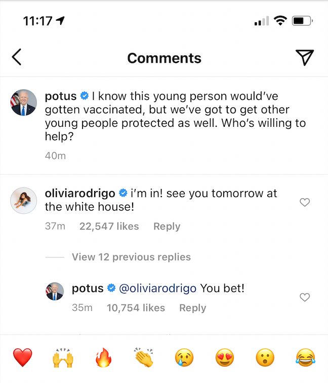 Olivia Rodrigo announced a visit to the White House in the comments of the POTUS Instragram page.
