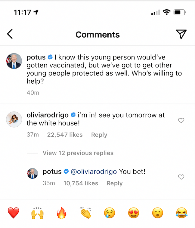 Olivia Rodrigo announced a visit to the White House in the comments of the POTUS Instragram page.