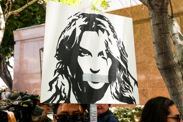 #FreeBritney activists protest at Los Angeles Grand Park during a conservatorship hearing for Britney Spears on June 23, 2021