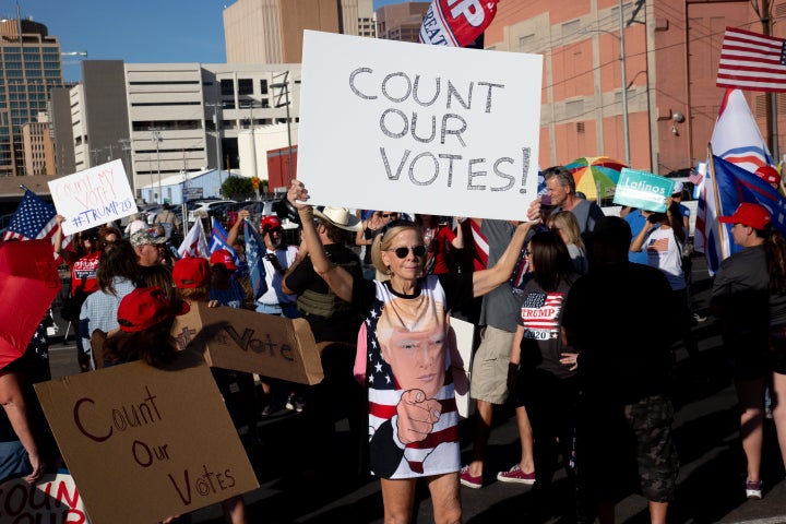 Supporters of Donald Trump asked for the counting of votes during a Nov. 5 protest against the election results at the Maricopa County Elections Department office in Phoenix. Republican groups have worked to boost public comments on decisions by the state's independent redistricting commission.