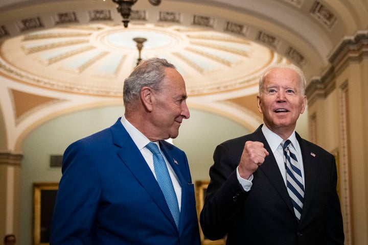 WASHINGTON, DC - JULY 14: President Biden is on the Hill to discuss with Senate Democrats the $3.5 trillion reconciliation package they have reached overnight that would expand Medicare benefits, boost federal safety net programs and combat climate change.