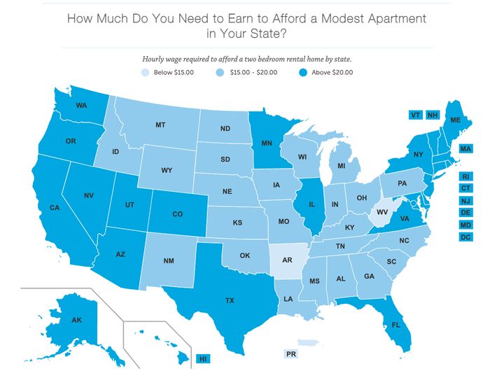 Map showing how much workers need to earn to afford rent across the U.S.