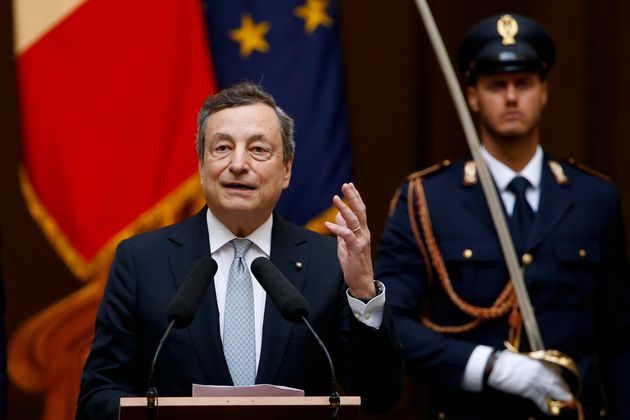 Italian Prime Minister, Mario Draghi, during a ceremony for players and staff of Italy's national football...