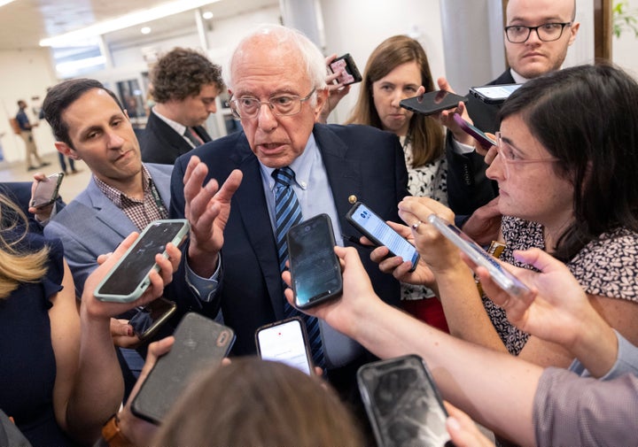 Sen. Bernie Sanders (I-Vt.) speaking to reporters about infrastructure legislation at the Capitol on Wednesday.