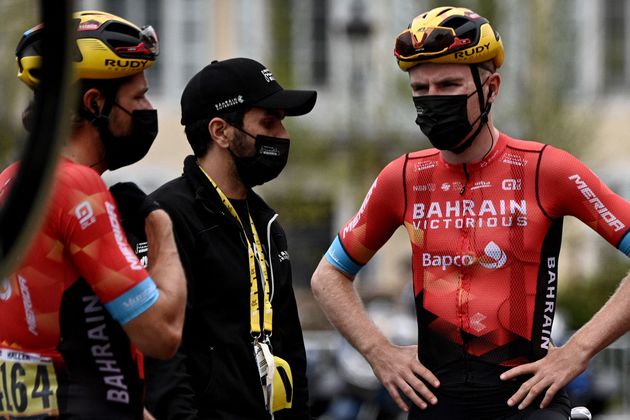 L'Autrichien Marco Haller et l'Anglais Fred Wright de l'équipe Bahrain avant la 18e étape de la 108e édition du Tour de France, le 15 juillet 2021.