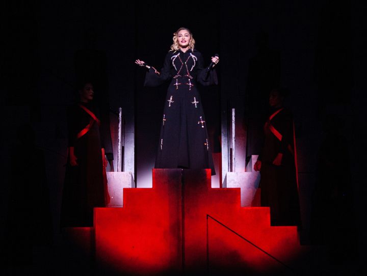 Madonna in Portugal during a 2020 performance of her "Madame X" concert tour.
