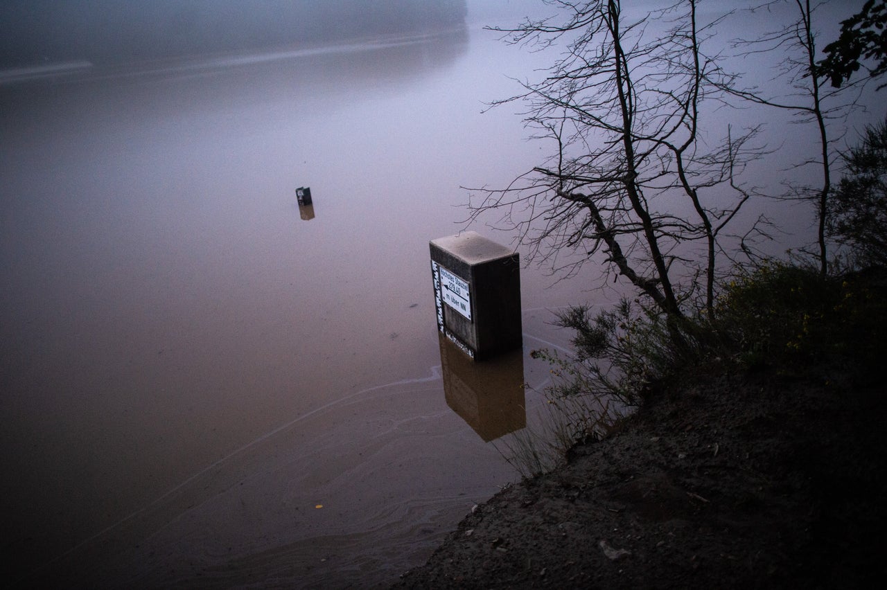 15 July 2021, North Rhine-Westphalia, Kirchheim: The level of the Steinbach dam has almost reached its maximum. The heavy rainfall during the night caused mudslides and flooding. Photo: Jonas Güttler/dpa (Photo by Jonas Güttler/picture alliance via Getty Images)